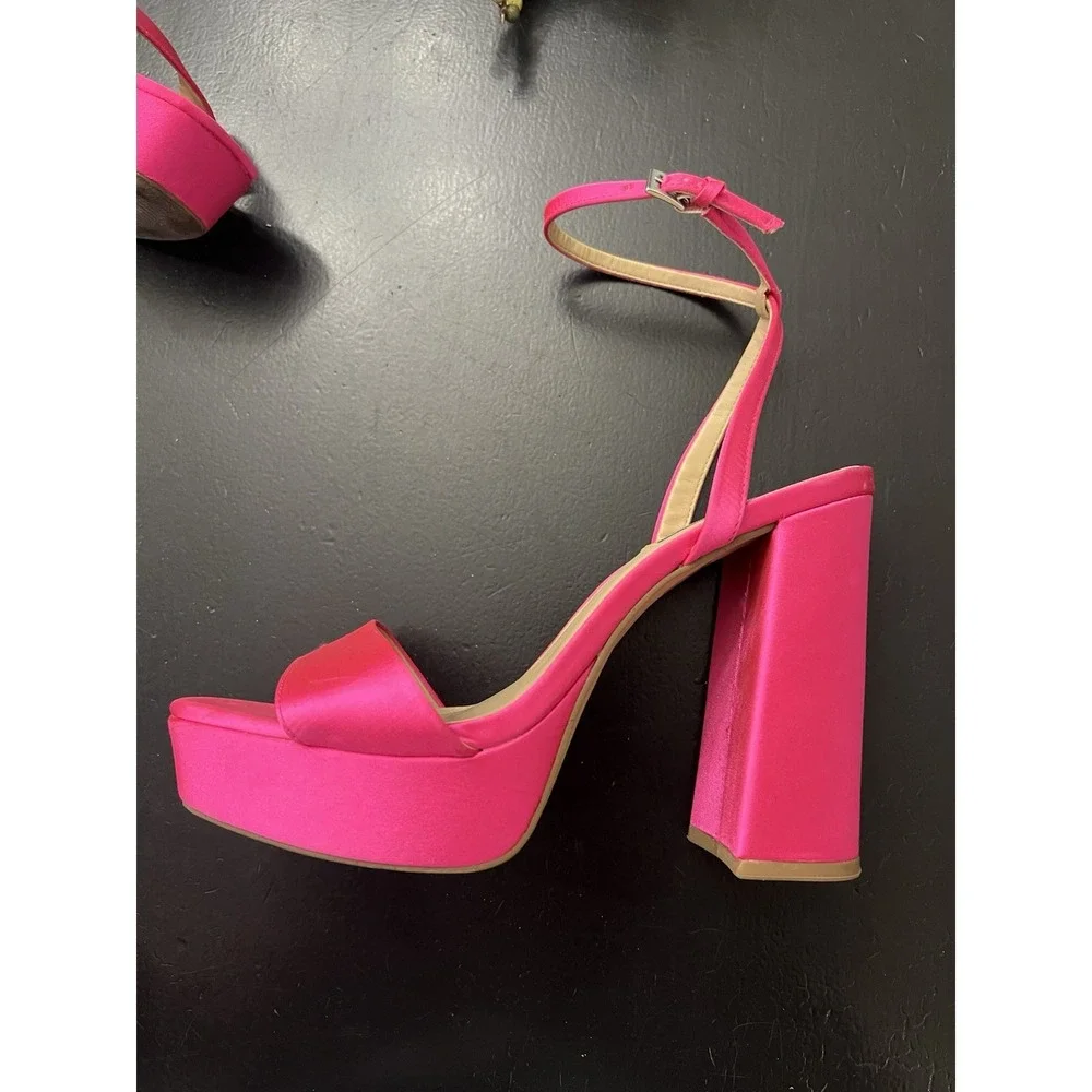 Steve Madden Lessa Satin Hot Pink Fabric Platform Ankle Strap Block Heel Sz 8.5M